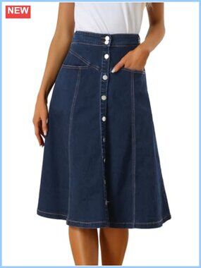 A-Line Button Down Midi Denim Skirt Casual Jean Skirt